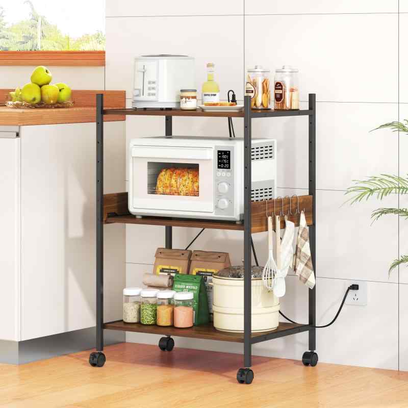 LunarLight レンジラック レンジ台 幅60奥行き44高さ91.5cm 高さ5段調節可能 コンセント・Sフック付き キャスター・アジャスター付き 移動式と固定式2機能 サイドパネル付き 総耐荷重112kg キッチ