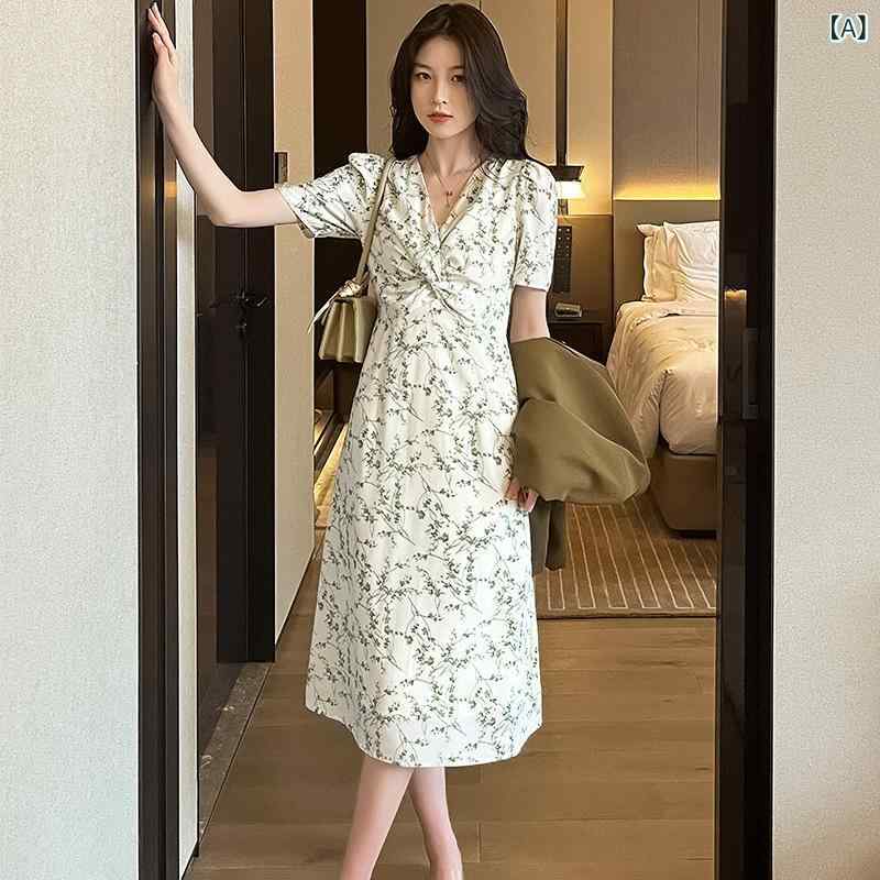 ワンピース レディース 花柄 Vネック ミモレ丈 Aライン 半袖 フレア 涼しい 快適シ...