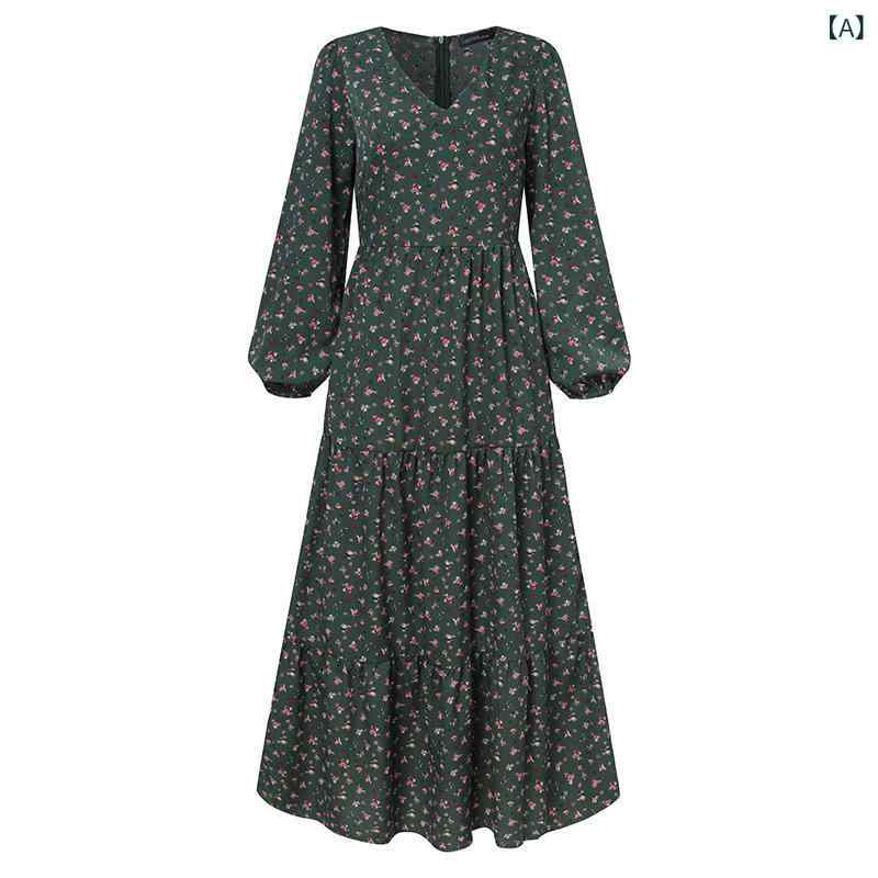 Dresses - ワンピース レディース Vネック ロング丈 マキシ丈 長袖 Aライン フレアシルエット 落ち感 きれいめ シフォン調素材 上品 普段使い お出かけ 体型カバー 動きやすい 秋冬 春 おしゃれ