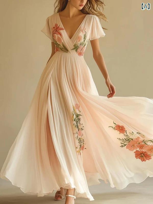 Dresses - ワンピース レディース Vネック 半袖 ひざ下丈 ロング丈 ドレス Aライン デジタルプリント 総柄 体型カバー お出かけ カジュアル きれいめ 動きやすい マキシ丈 普段使い エレガント 夏 サマー 通気性