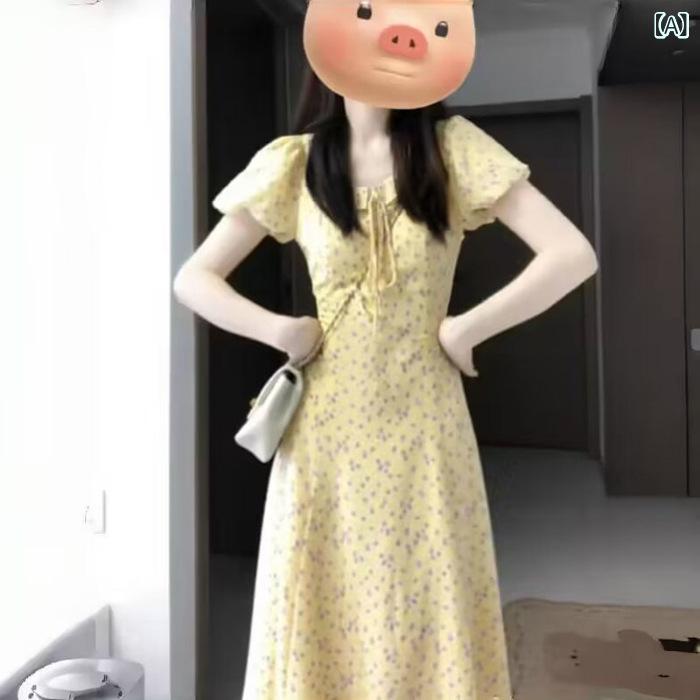 ワンピース レディース 花柄 ロング丈 フレンチスリーブ レトロ フレア シルエット...