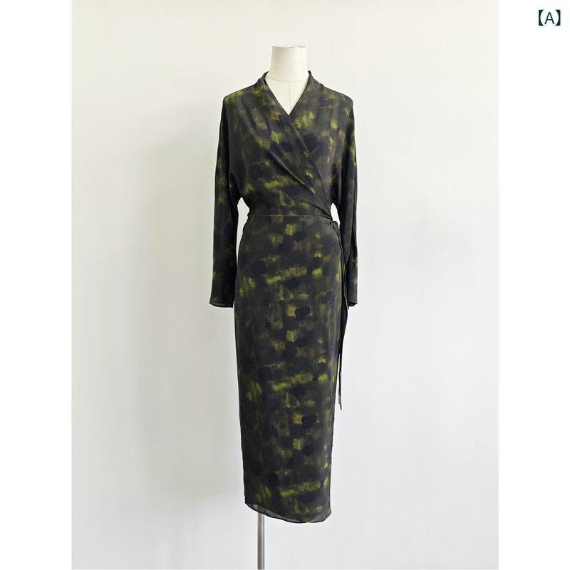 Dresses - ワンピース レディース Vネック 総柄 マキシ丈 ロング丈 ラップ ウエストリボン シフォン調 落ち感 体型カバー きれいめ シルエット 華やか 普段着 お呼ばれ パーティー おしゃれ