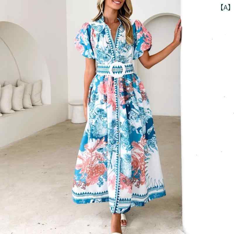 Dresses - ワンピース レディース ロング丈 長袖 Vネック ウエストマーク 花柄プリント 華やか お出かけ リゾート 休日コーデ 体型カバー シワになりにくい素材 さらりと着こなせる 楽ちん