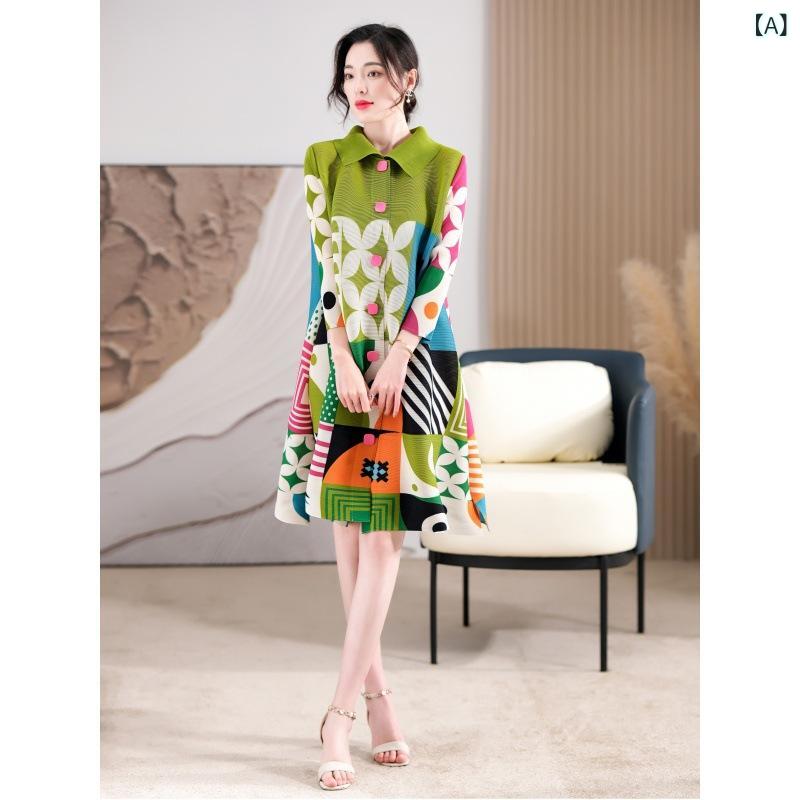 Dresses - ワンピース レディース プリーツ加工 ロング丈 プリント柄 五分袖 ゆったり 体型カバー シワになりにくい お出かけ 通勤 春夏秋 普段着 カジュアル シンプル ナチュラル きれいめシルエット 大人上品 散歩 旅行
