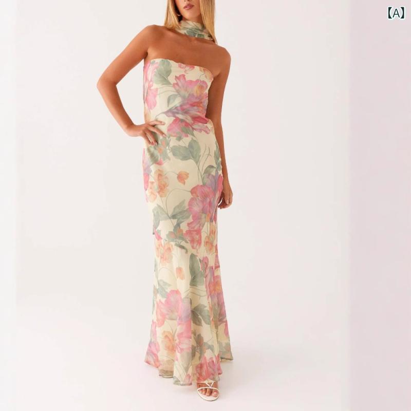 Dresses - ワンピース レディース 膝丈 サテン素材 ドレス インクアート柄 べアトップ ノースリーブ セクシー パーティードレス 背中見せ おしゃれ お呼ばれ デート服 上品な光沢感 露出控えめ 動きやすい