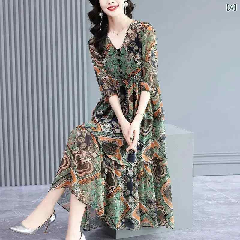 Dresses - ワンピース レディース 半袖 ロング丈 体型カバー ゆったり 花柄 レトロ クラシック 膝丈 フレア Aライン オフィスカジュアル エレガント きれいめ 通勤 お出かけ 旅行 通気性 動きやすい