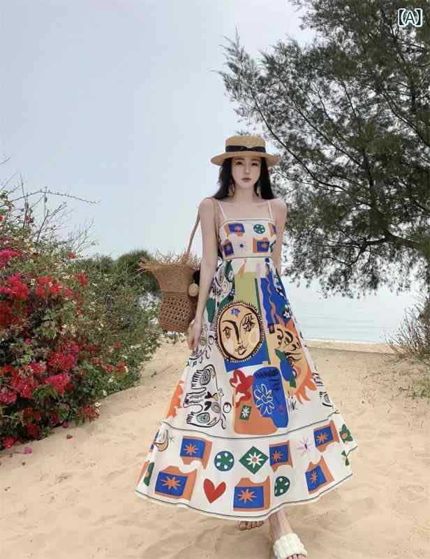 Dresses - ワンピース レディース 吊りキャミソール ノースリーブ 総柄 グラフィティプリント Aライン ミモレ丈 夏服 リゾート カジュアル ビーチウェア お出かけ デート 旅行 収納しやすい ゆったりシルエット