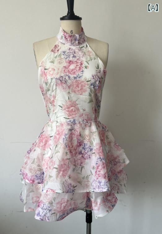 Dresses - ワンピース レディース キャミソール ロング丈 ホルターネック 総柄 ティアード フレア Aライン ノースリーブ リゾート カジュアル 旅行 休日 リラックス 軽やか 動きやすい 透け感対策 裏地付き