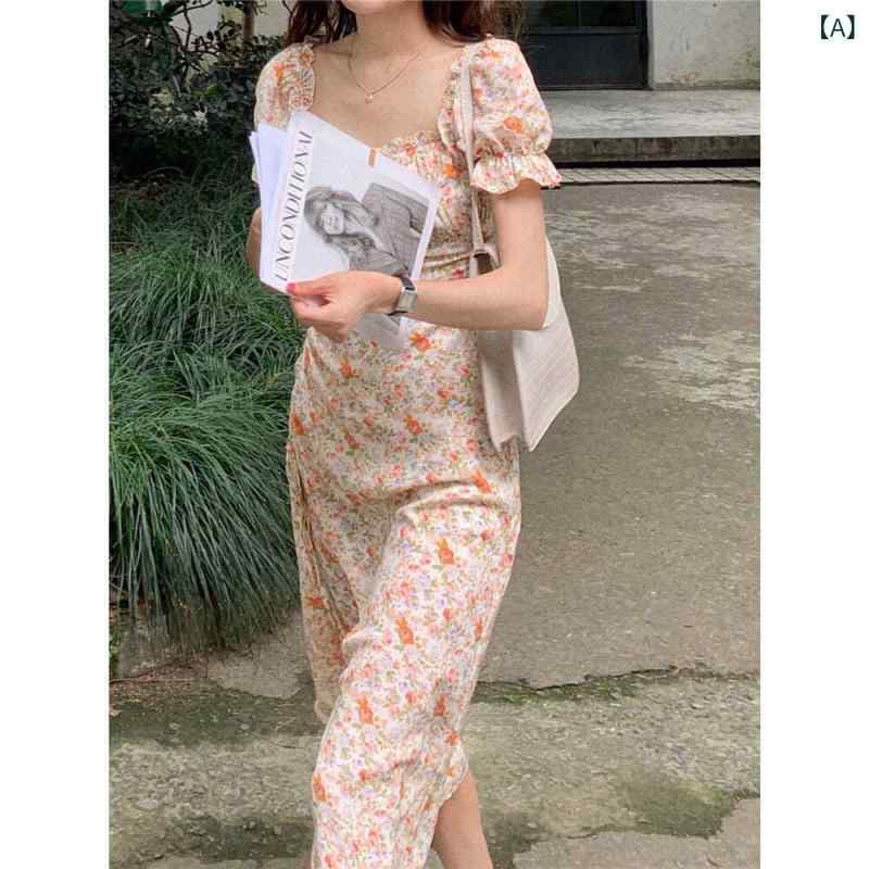 ワンピース レディース 花柄 パフスリーブ 半袖 スクエアネック フレア ロング丈 コットン混素材 お出かけ デート カジュアル 動きやすい おしゃれ きれいめシルエット 体型カバー