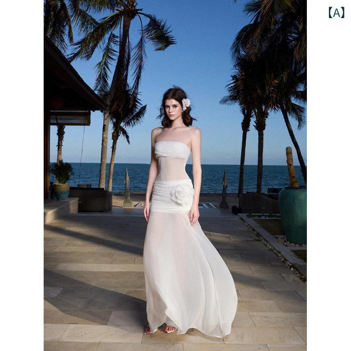 ワンピース レディース シースルー ベアトップ ロング丈 ドレス 透け感 オフショルダー マキシ丈 リゾート 結婚式 二次会 パーティー 発表会 撮影用 おしゃれ 華やか 収納しやすい シンプル 軽量
