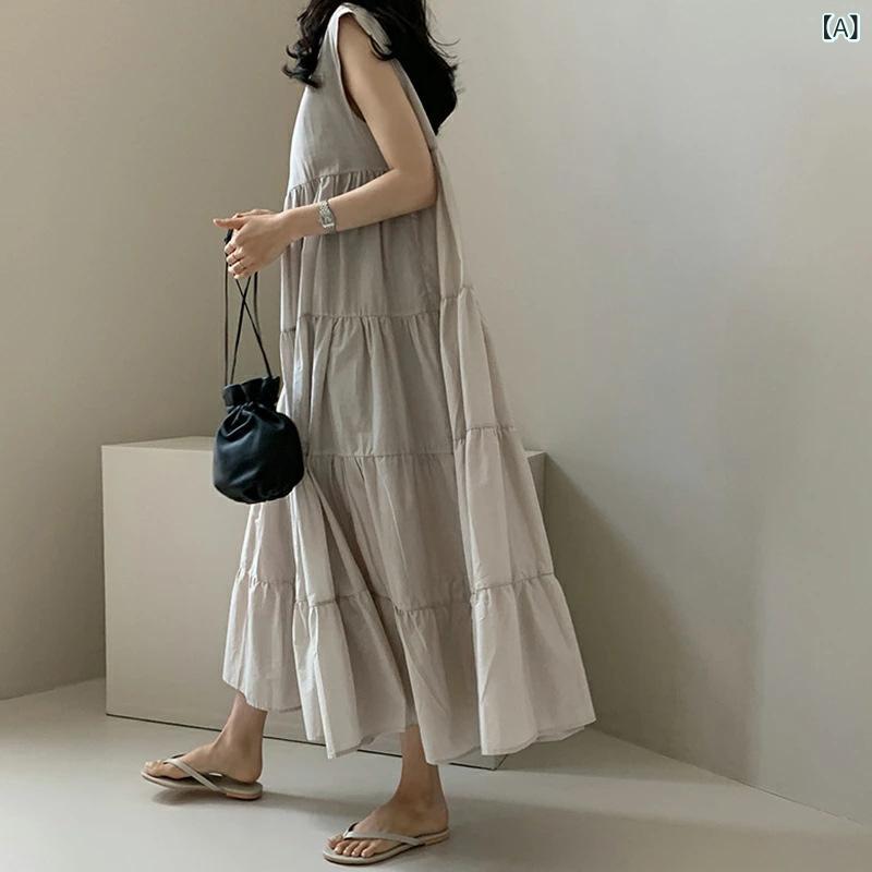 ワンピース レディース ロング丈 ノースリーブ Aライン 無地 フレア シンプル ゆったり 体型カバー 通気性 切り替え 通勤 きれいめ カジュアル フォーマル お出かけ シフォン風 夏用 涼しい 動きやすい