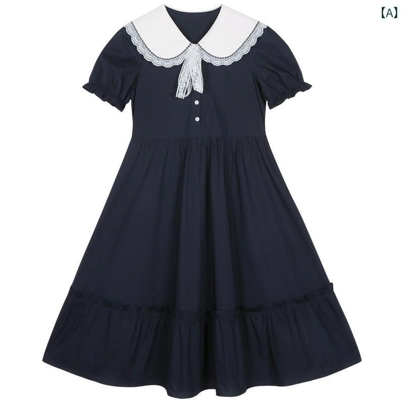 ワンピース レディース 膝丈 半袖 ドールカラー フレア 夏服 学生 通学 お出かけ きちんと感 Aライン シルエット 爽やか コットン調素材 体型カバー ゆったり 涼しい 動きやすい おしゃれ 上品な雰囲気