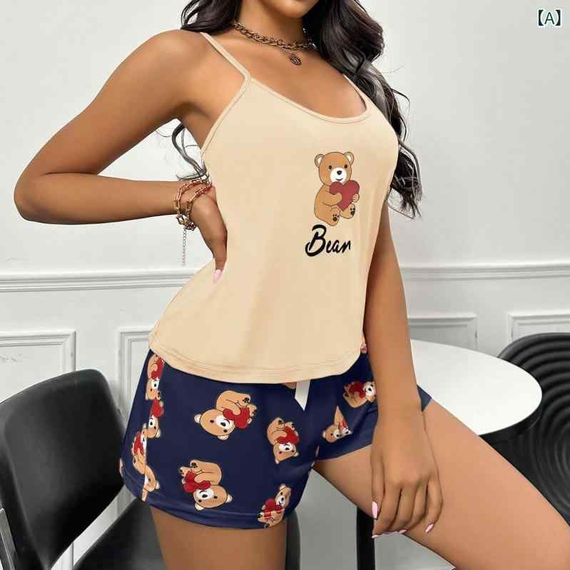 套装 - パジャマ レディース セットアップ ルームウェア キャミソール ショートパンツ 上下セット クマ柄 かわいい 寝間着 ナイトウェア 部屋着 ノースリーブ 通気性 吸湿性 涼しい 夏用 快適睡眠をサポートするホームウェア