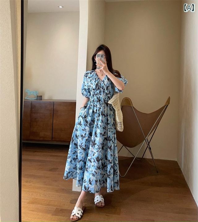 樂天商城 - ワンピース レディース Vネック 花柄 ロング丈 コットン混 パフスリーブ フレア Aライン 切り替え ウエストマーク 二の腕カバー 体型カバー 着痩せ お出かけ リゾート 休日コーデ