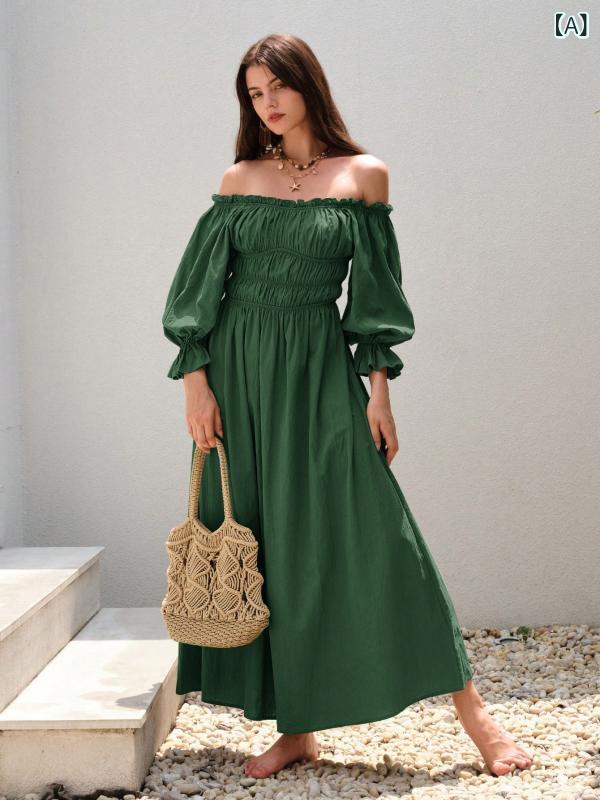 ワンピース レディース ロング丈 長袖 オフショルダー パフスリーブ フレア Aライン 無地 ロングドレス クラシック レトロ ヴィンテージ マキシ丈 ゆったり 体型カバー 着痩せ お出かけ お呼ばれ 食事会