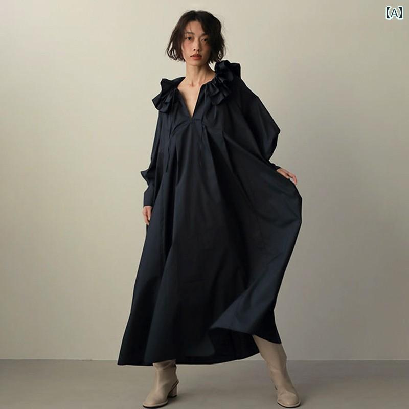 樂天商城 - ワンピース レディース Aライン ロング丈 長袖 ボリューム袖 膝下丈 コットン混 無地 ギャザー シンプル きれいめ お出かけ 通勤 通学 カジュアル ゆったり 体型カバー 収納しやすい