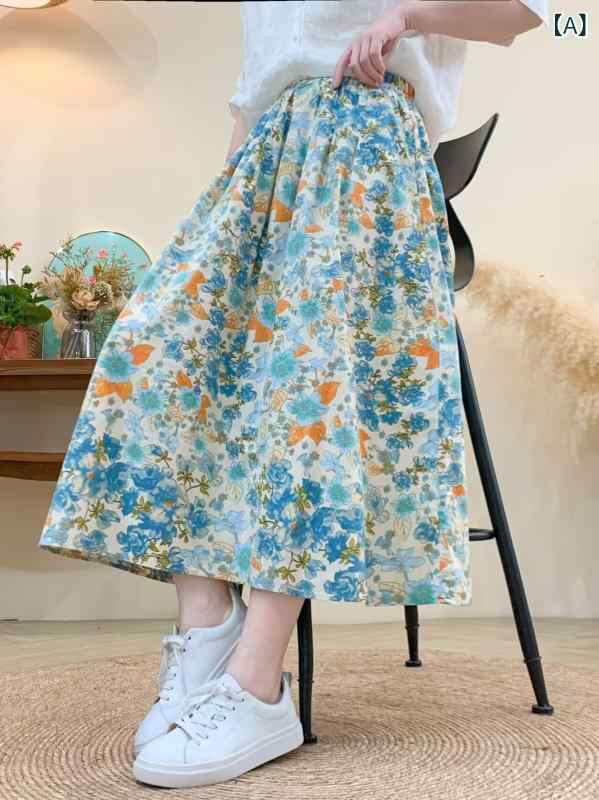 スカート レディース ロング丈 フレアスカート 花柄 ボタニカル柄 コットン素材 ナチュラル ゆったり 体型カバー ウエストゴム ミモレ丈 春夏秋 普段着 お出かけ 旅行 収納しやすい 歩きやすい