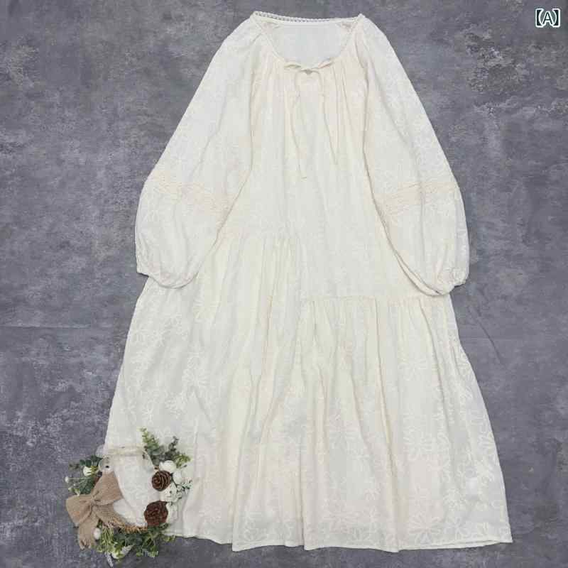 Rakuten - ワンピース レディース レース 刺繍 花柄 ロング丈 長袖 マキシ丈 ゆったり 体型カバー 大人かわいい リゾート 旅行 ビーチ 海辺 ナチュラル シルエット 通気性 動きやすい お出かけ デート 春夏