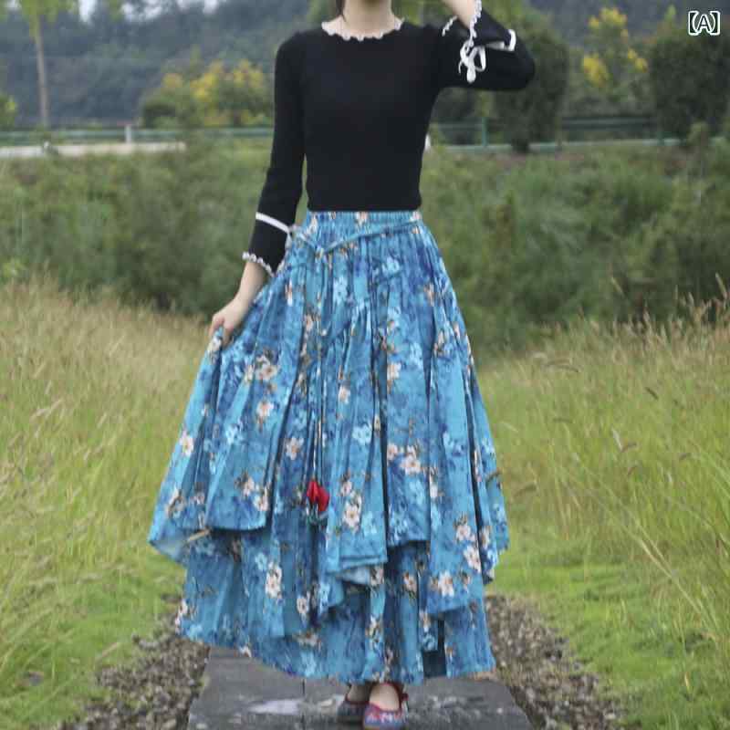 乐天商城 - ロングスカート レディース 綿麻 フレアスカート ウエストゴム 紐付き アシンメトリー 裾 マキシ丈 体型カバー ロングシーズン ナチュラル シンプル 無地 きれいめ 軽い 着回し 動きやすい
