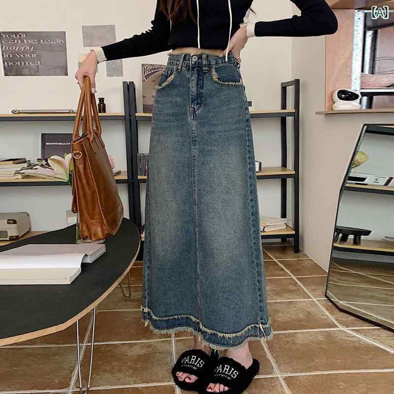 デニムスカート レディース タイトスカート ロング丈 ヴィンテージ風 切りっぱなし Aライン コットン素材 膝下丈 ミディアム丈 ボトムス カジュアル デイリー 通勤 通学 体型カバー 着回ししやすい