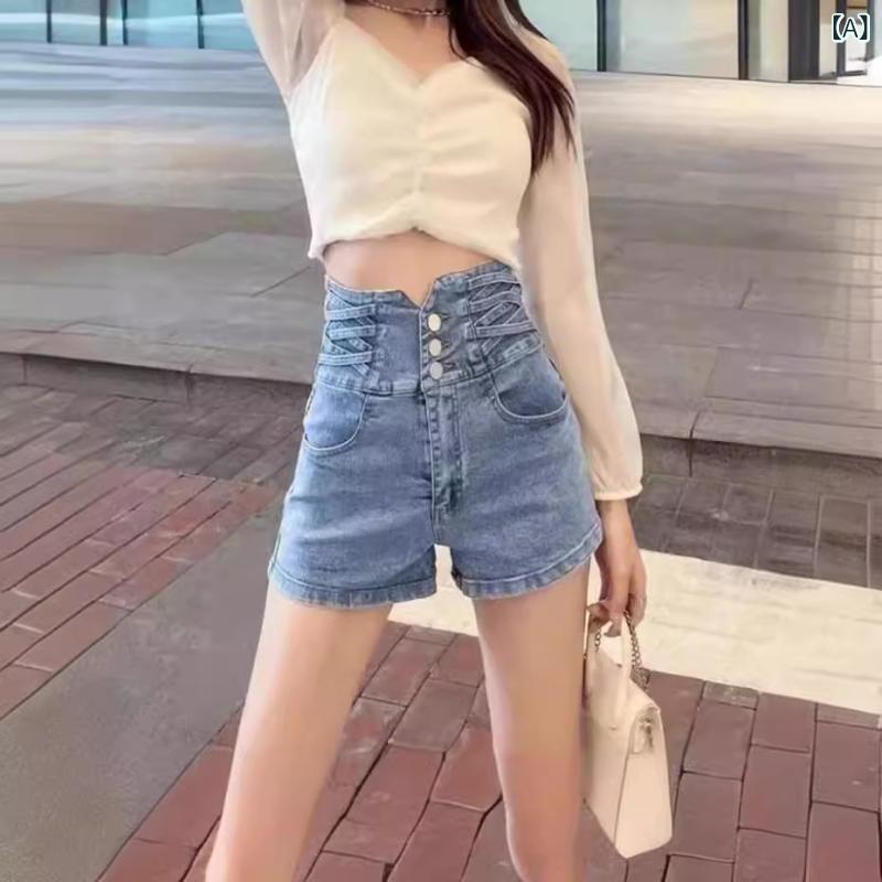 ショートパンツ レディース デニム ハイウエスト 闊脚パンツ ワイドシルエット 美脚 脚長効果 ストレッチ カジュアル ラフ コーデ 夏服 ショート丈 着痩せ ボトムス デイリー 使いやすい 動きやすい 楽ちん
