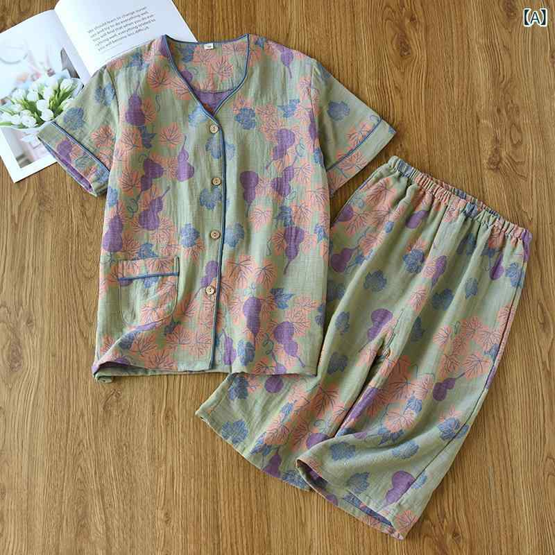 Culottes - パジャマ レディース セットアップ コットン素材 七分丈パンツ ルームウェア 上下セット Vネック 前開き ボタン留め 花柄 部屋着 吸湿性 通気性 肌触り良い 夏用 涼しい 快適着心地 婦人服