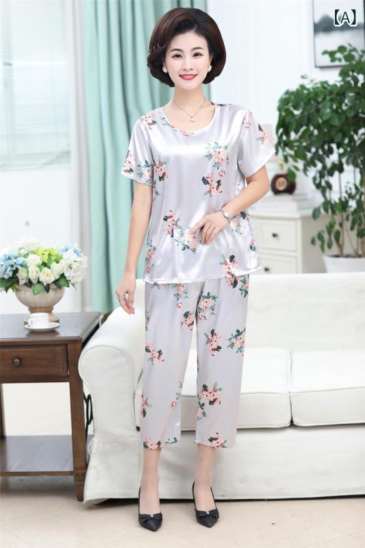 Nylon, Rayon, Polyester - パジャマ レディース セットアップ ルームウェア 上下セット 花柄 半袖 クロップドパンツ サテン風生地 部屋着 涼しい 動きやすい 吸汗速乾 涼感素材 通気性 寝巻き ナイトウェア 夏用 パジャマセット