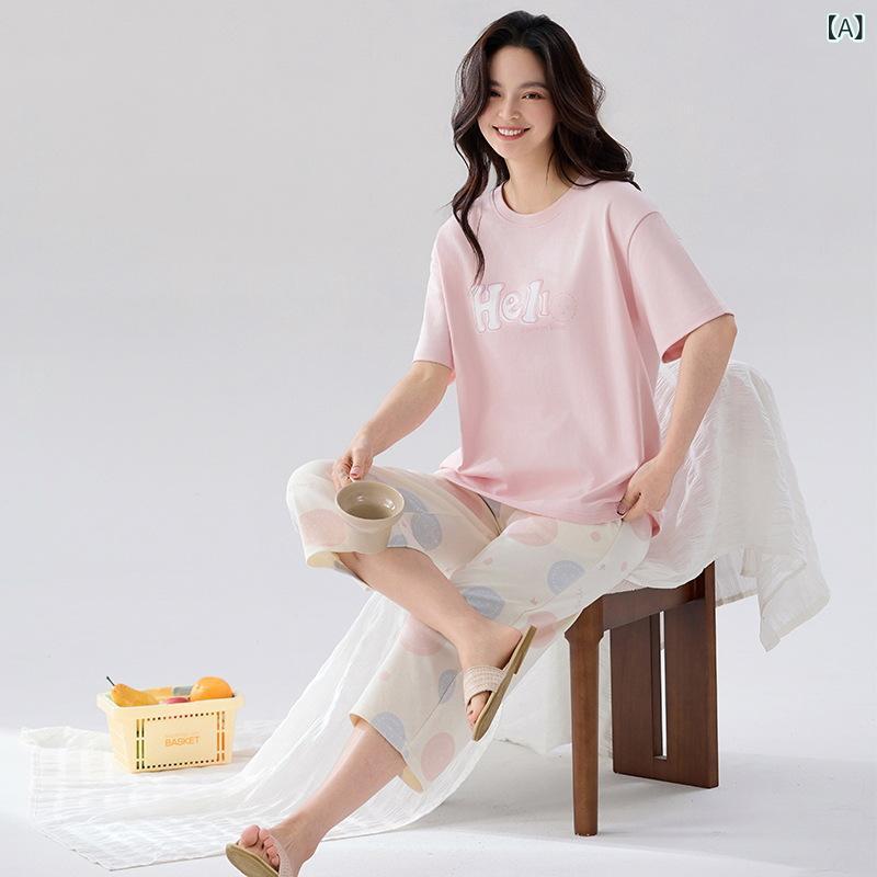Nylon, Rayon, Polyester - パジャマ レディース セットアップ コットン素材 半袖 七分丈パンツ ルームウェア 上下セット 部屋着 寝巻き 快適肌触り 通気性 吸汗 速乾 ゆったり 体型カバー 大きいサイズ お家時間 散歩 普段着