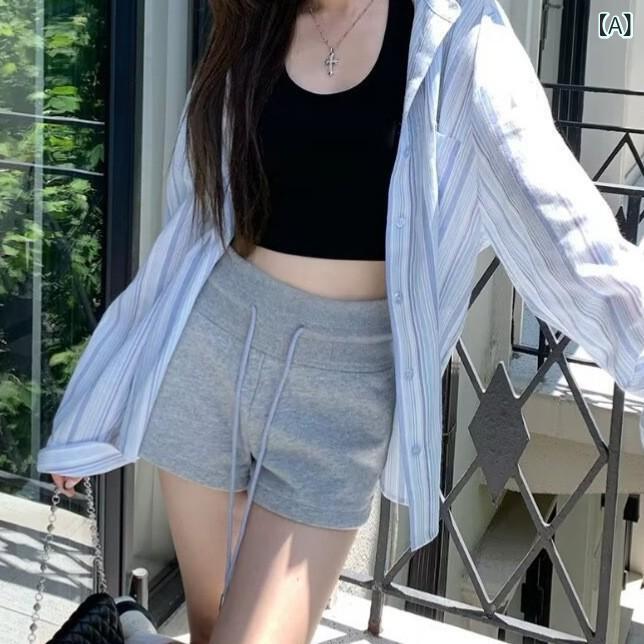ショートパンツ レディース 針織素材 美式 カジュアル ゆったり ウエストゴム 運動...