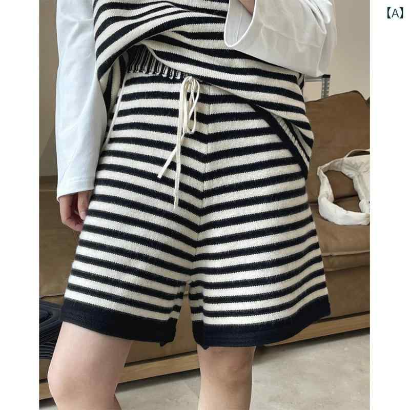 ショートパンツ レディース ストライプ ニットパンツ ハーフ丈 ウエストゴム 紐付き ワイドシルエット 通気性抜群 ルームウェア 部屋着 普段着 ボトムス 動きやすい 春夏