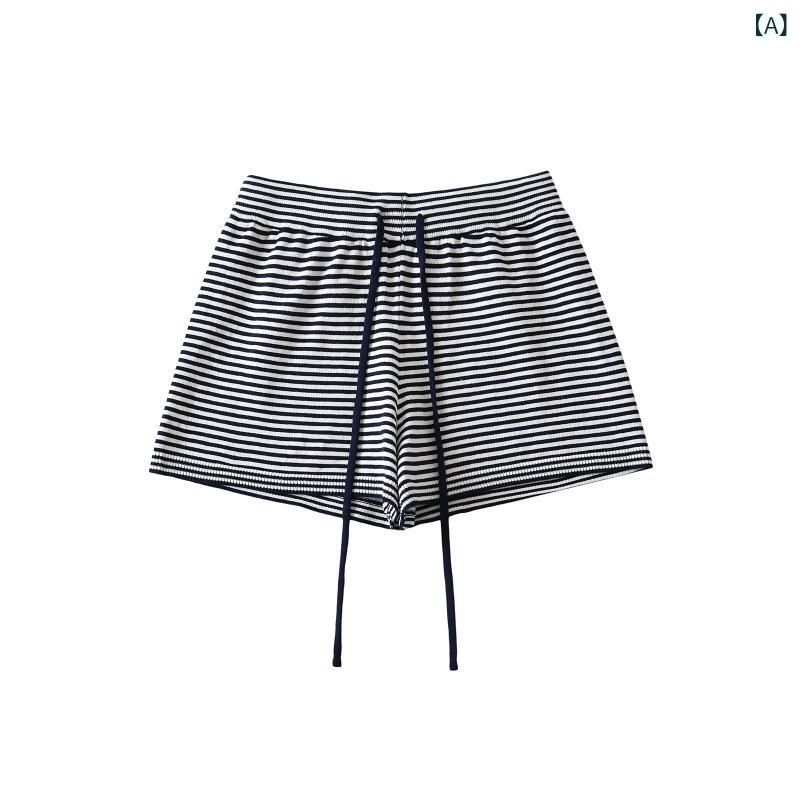 ショートパンツ レディース ストライプ ニットパンツ ウエストゴム 伸縮性 通気性 カジュアル ルームウェア 夏コーデ 部屋着 動きやすい ゆったり 楽ちん