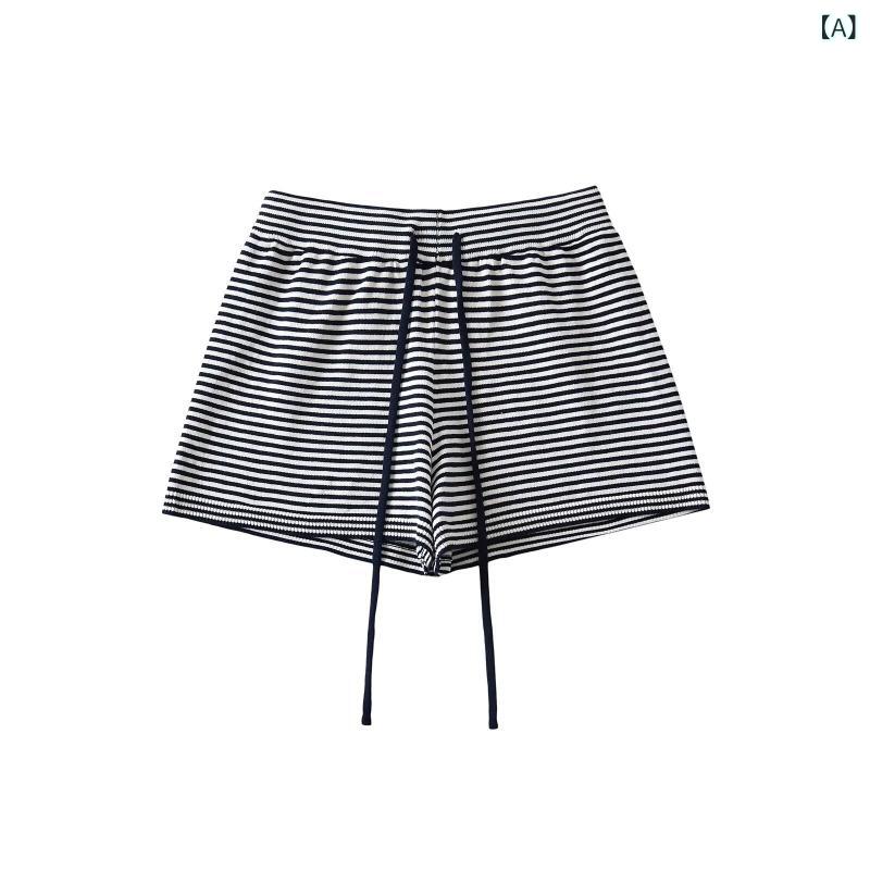 ショートパンツ レディース ストライプ ニットパンツ 闊腿パンツ ハイウエスト 短パン 美脚効果 カジュアル ゆったり 伸縮性 動きやすい ルームウェア 通学 旅行 デイリー使い オールシーズン