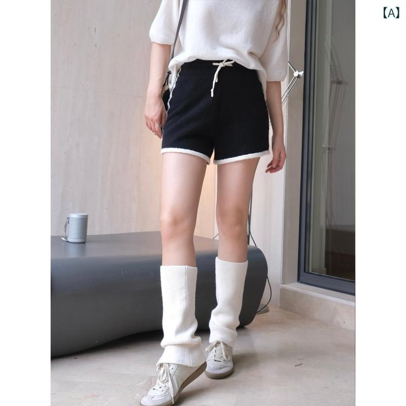 ニットショートパンツ レディース ウール混 配色 短パン ショーツ 厚手 ボトムス ...