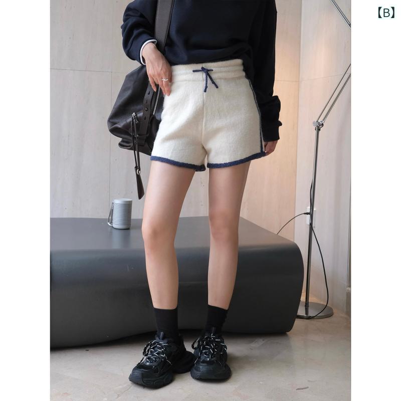 kbox楽天市場店のニットショートパンツ レディース ウール混 配色 短パン ショーツ 厚手 ボトムス 伸縮性 ウエストゴム 秋冬 カジュアル 防寒 暖かい 動きやすい 部屋着 リラックス デイリー 快適履き心地｜アングル2