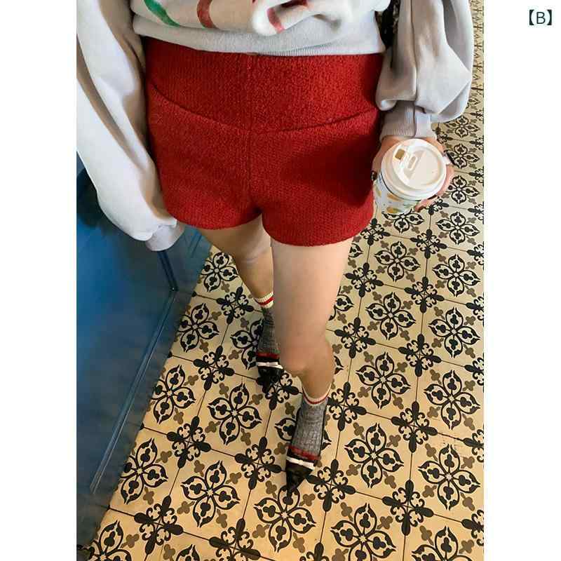 kbox楽天市場店のショートパンツ レディース レッド 赤色 ボトムス キュロットパンツ 直筒 ウール調 厚手 ハイウエスト 秋冬 無地 着回し 美脚見せ 防寒対策 あったか デイリー使い スタイルアップ 動きやすい｜アングル2