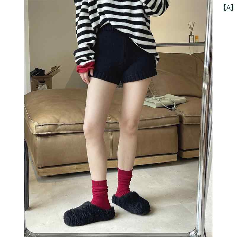ショートパンツ レディース ハイウエスト ニットパンツ 膝上丈 伸縮性 ウエストゴム 美脚脚長効果 シンプル 無地 部屋着 ルームウェア 柔らかい素材 動きやすい 通気性 カジュアルスタイル
