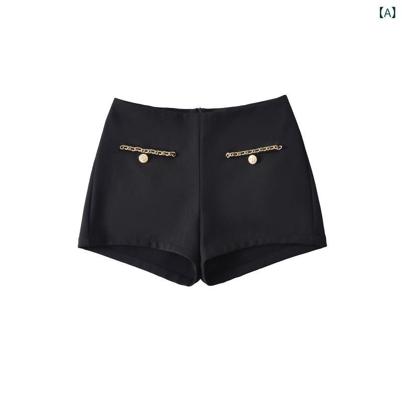ショートパンツ レディース 短パン ハイウエスト 美尻見せ 補正効果付き チェーン付き 脚長効果 美脚 スタイルアップ 伸縮性 ホットパンツ 露出控えめ おしゃれ ダンス衣装 普段着 デイリー カジュアル ボトムス