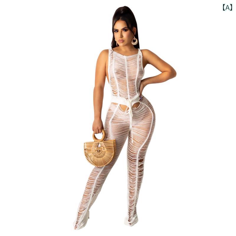 ロングパンツ レディース ニットパンツ レース編み 透かし彫り ロング丈 ボトムス リゾートウェア サマーパンツ 体型カバー おしゃれ ビーチサイド 海辺 旅行 リラックス ウエストゴム 動きやすい