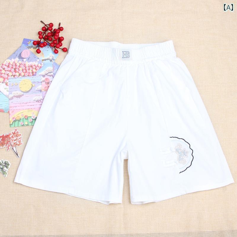ショートパンツ レディース 夏 5分丈 ハーフパンツ カジュアル ワイドパンツ ストレートパンツ 国風 中国風 ウエストゴム 無地 通気性 部屋着 動きやすい リラックス 楽ちん