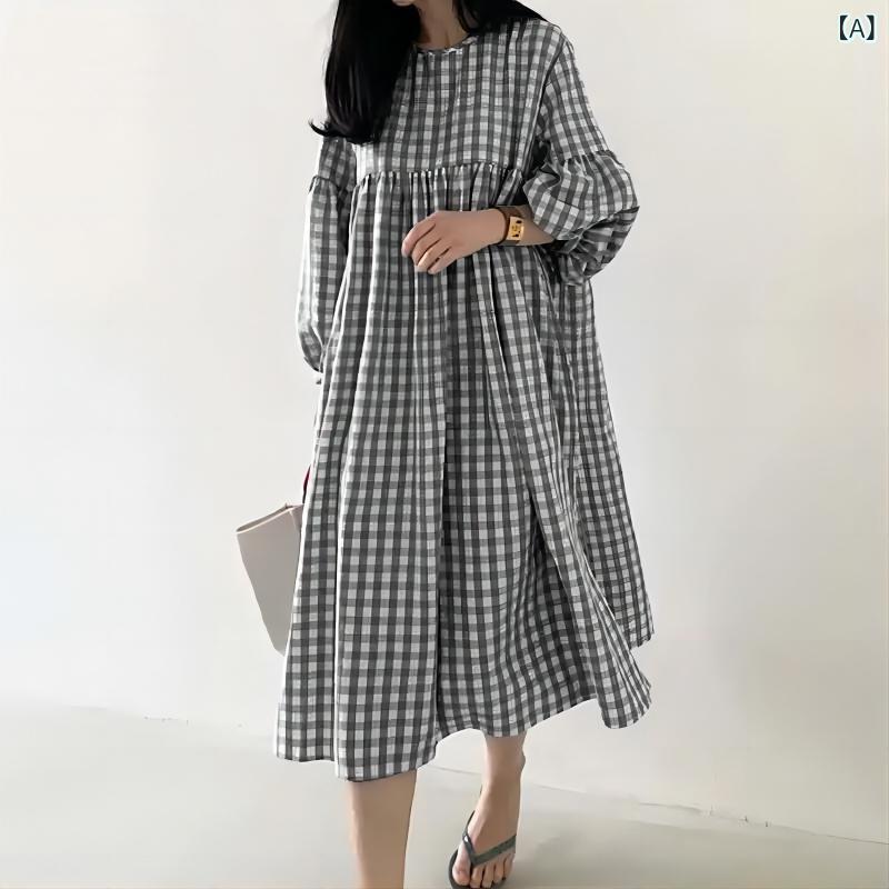 乐天商城 - ワンピース レディース チェック柄 パフスリーブ 丸首 膝丈 ひざ丈 半袖 カジュアル ふんわり ゆったりシルエット お出かけ デート 旅行 かわいい 体型カバー リラックス感のある着心地
