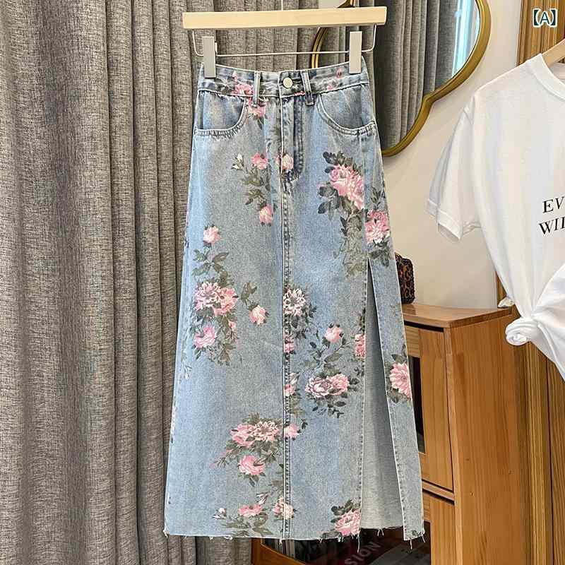 デニムスカート レディース タイトスカート ロング丈 膝丈 スリット入り 花柄プリント コットン素材 ウエストゴム マキシスカート カジュアル 大きいサイズ 伸縮性あり 体型カバー 動きやすい デイリー