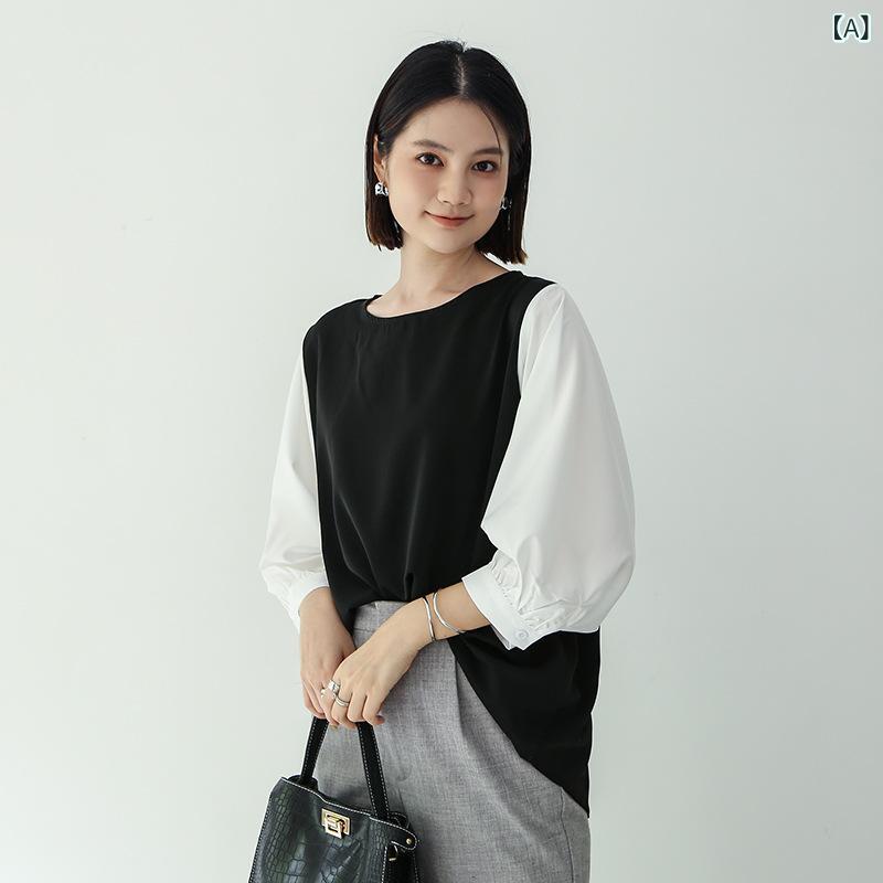 Rakuten - Tシャツ レディース 五分袖 カットソー 異素材切り替え ストライプ ラウンドネック 蝙蝠袖 ゆるシルエット プルオーバー 重ね着風 トップス 春夏 体型カバー 動きやすい 通勤 通学 普段着 オフィスカジュアル