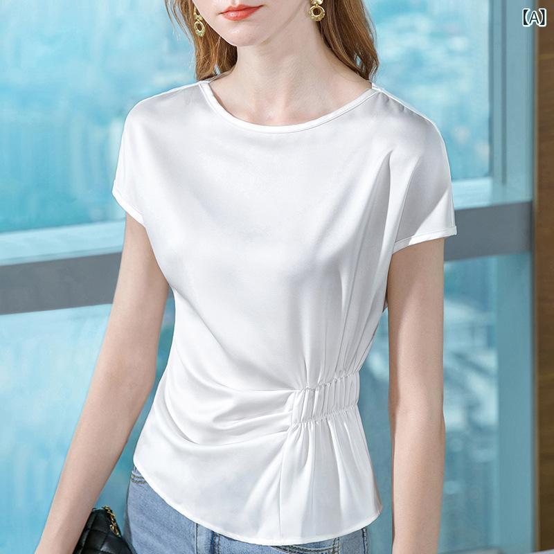Rakuten - ブラウス レディース 半袖 シフォン シャツ ブラウス トップス 半袖シャツ ギャザー フレンチスリーブ 襟付き 折り返し ウエストシェイプ 通勤 通学 オフィス 軽量 シワになりにくい