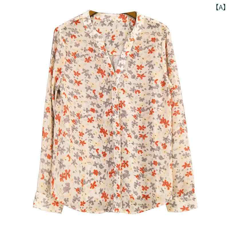 乐天商城 - ブラウス レディース 花柄 トップス シフォンシャツ 長袖 Vネック フリル 春夏秋 薄手 通気性 華やか 通勤 デート きれいめ エレガント 動きやすい 快適着心地 さらさら素材 上品なシルエット デイリーコーデ 合わせやすい