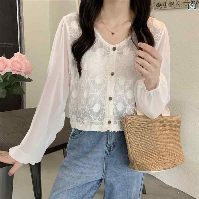 樂天商城 - ブラウス レディース Vネック レース トップス シフォン素材 ショート丈 長袖 パフスリーブ 透け感 通気性 華やか 通勤 オフィス デート 普段着 上品な 合わせやすい こなれ感 軽量