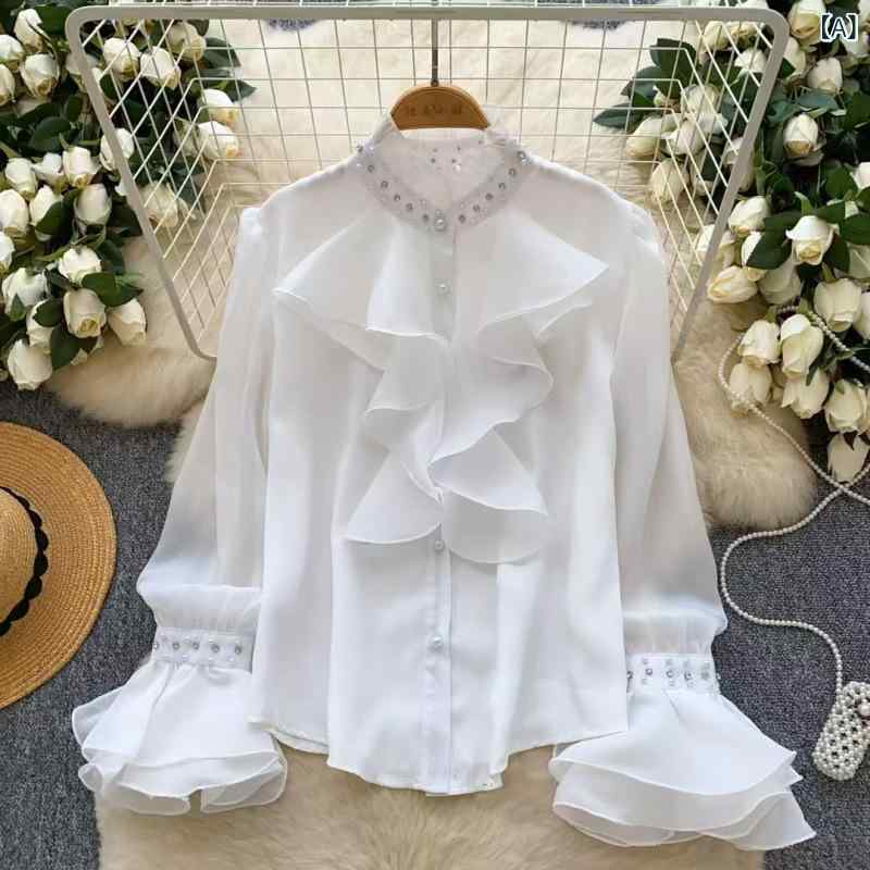 Shirts - ブラウス レディース 長袖 シフォンシャツ 荷葉襟 ラインストーン付き ウエストシェイプ トップス 透け感 大人かわいい きれいめシルエット 通勤 通学 普段使い オフィスコーデ おしゃれ 柔らか素材 着回し力抜群