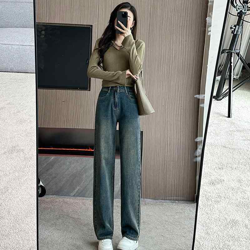 Rakuten - デニムパンツ レディース ストレートパンツ ジーパン ハイウエスト ワイドパンツ 九分丈 クロップド丈 美脚シルエット 体型カバー 脚長効果 動きやすい 春夏 オールシーズン 大人 カジュアル ボトムス