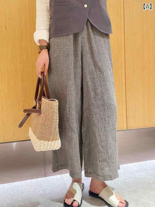 ワイドパンツ レディース リネン混 パンツ ズボン ボトムス ストレートパンツ 九分丈 無地 ウエストゴム 薄手 通気性 体型カバー ゆっ..