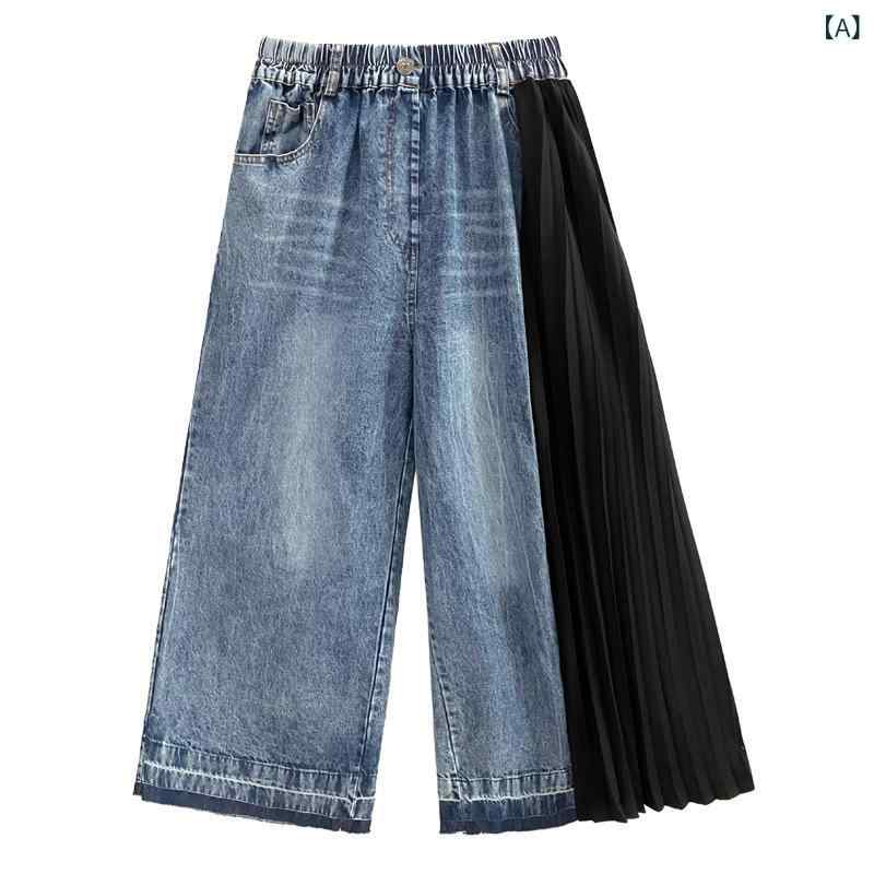 Rakuten - デニムパンツ レディース ストレートパンツ ワイドパンツ ジーパン クロップド丈 バイカラー 異素材切り替え ゆったり 体型カバー 脚長効果 動きやすい カジュアル 春夏秋 おしゃれ