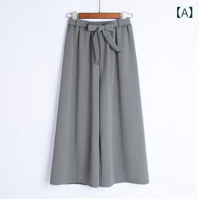 Work Clothes （Office） - ワイドパンツ レディース ハイウエスト 九分丈 テーパードパンツ ウエストゴム リボン ストレートパンツ コットン素材 通気性 動きやすい カジュアル オフィス 通勤 体型カバー ボトムス